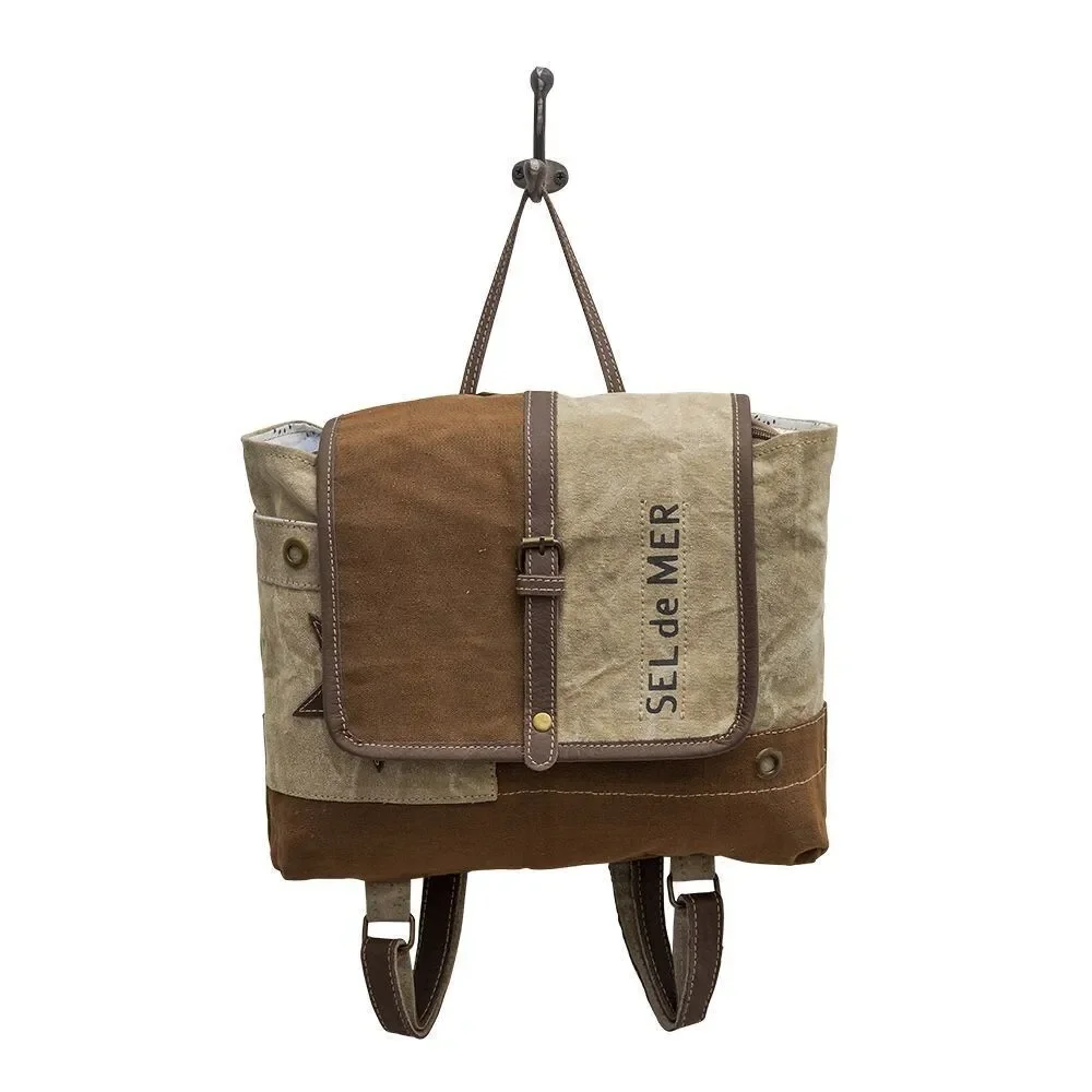 Myra Bag Handmade Tahini Backpack Upcycled Canvas & Cowhide Leather